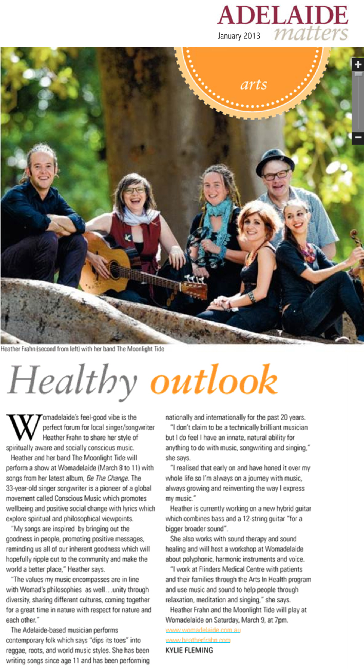 Heather Frahn & The Moonlight Tide featured in Adelaide Matters Magazine. Pictured Daniel Seymour, Heather Frahn, Michelle Byrne, Michaela Burger, Neil Underwood, Kat Stevens.