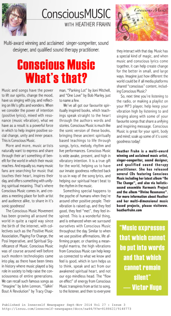 Heather Frahn writes about Conscious Music in Innerself Newspaper