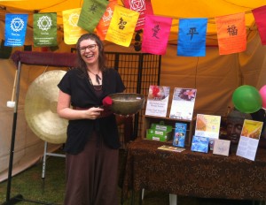 Heather Frahn Holistic Sound Therapy Stall with Himalayan Singing Bowls, Chinese Wind Gong, and Relaxation-Meditation-Yoga Music.