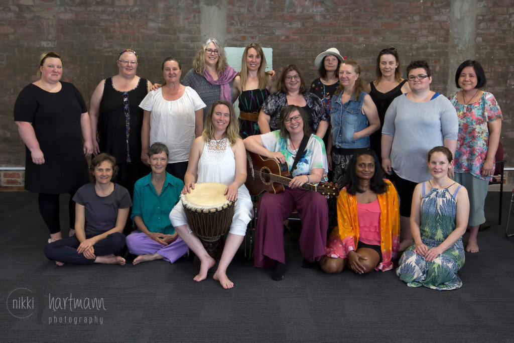 Harmony Weavers Women's Wellbeing Choir, 2017, Co-Facilitators Heather Frahn and Michelle Byrne, with Harmony Weavers members. Photo by Nikki Hartmann